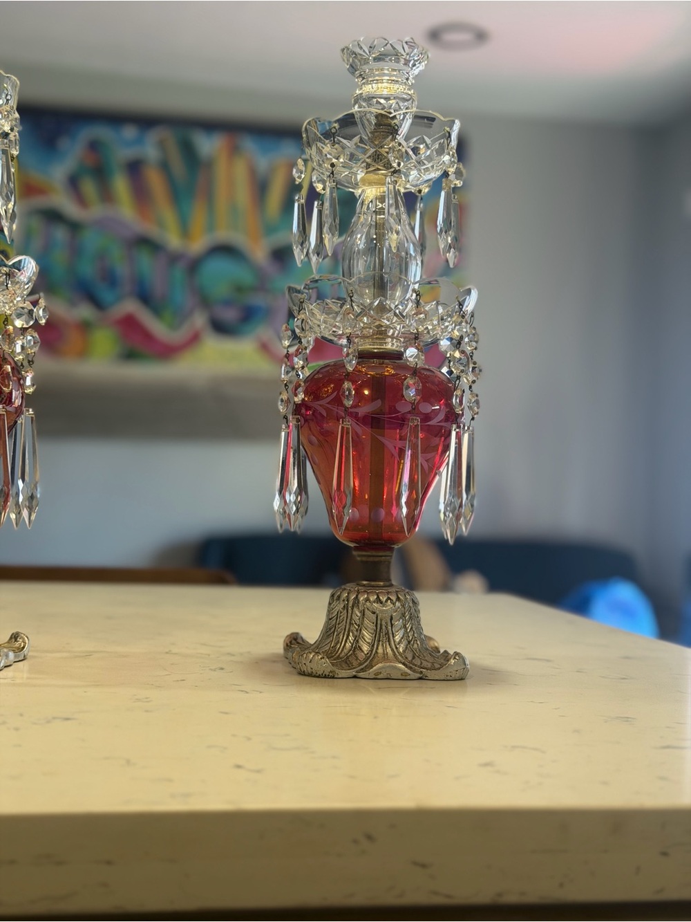 Vintage Pair GIM Cranberry Glass Hurricane Candle Lamps Crystal Prisms Boudoir - Picture 13 of 16
